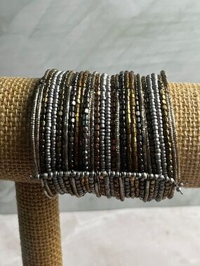 Vintage large Multi Strand Beaded Cuff Bracelet brass, silver, gold tones